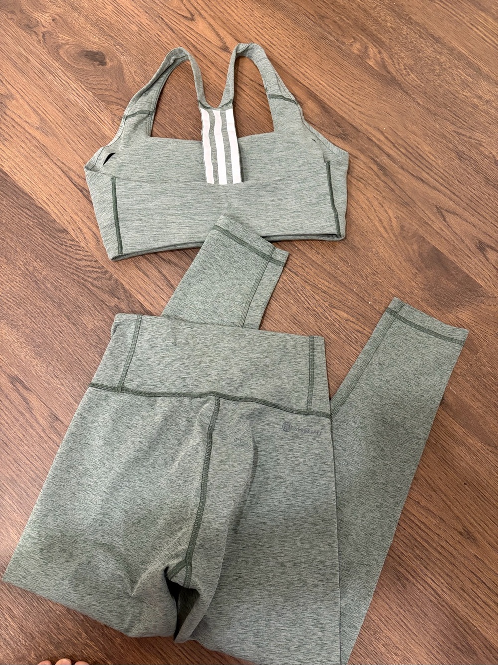 ADIDAS Sage Green Heathered Sports Bra and High-Waist Leggings Set - Picture 3 of 6